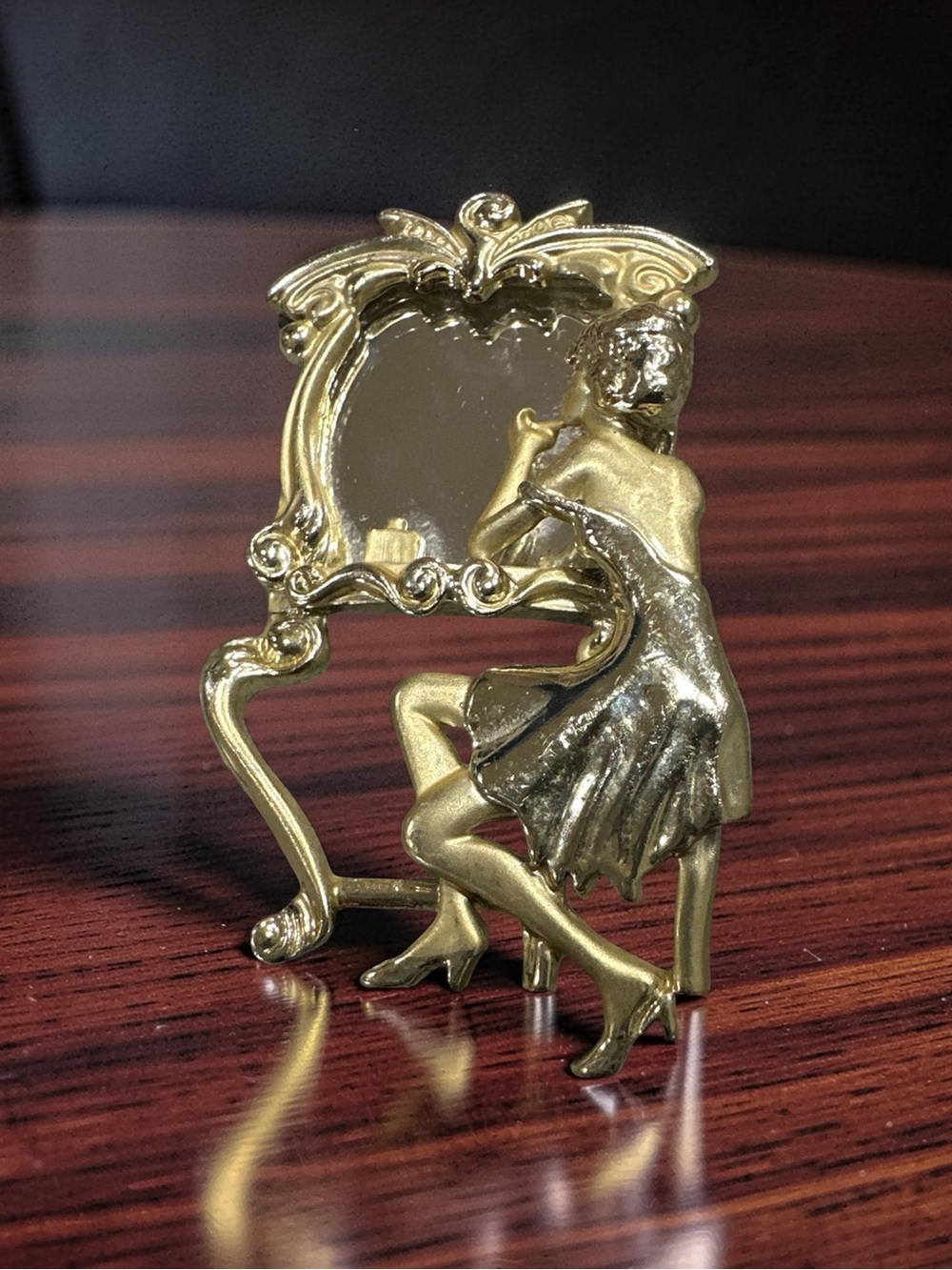 Vintage Gold Figurine Vanity Mirror Pendant Brooch